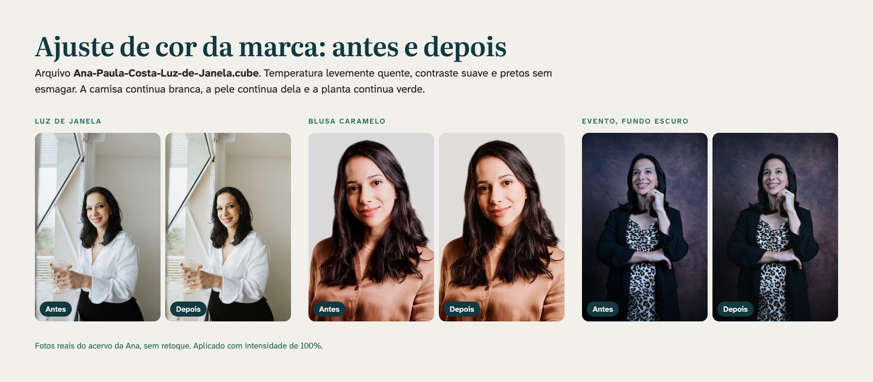 Três fotos reais da Ana, cada uma dividida em antes e depois do ajuste de cor Luz de Janela