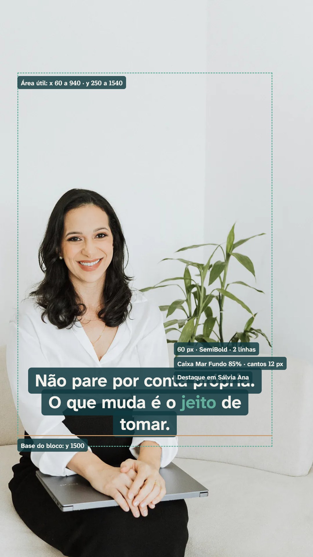 Quadro vertical de referência com a legenda em duas linhas sobre caixa Mar Fundo, a palavra de destaque em Sálvia Ana e as medidas de posição anotadas