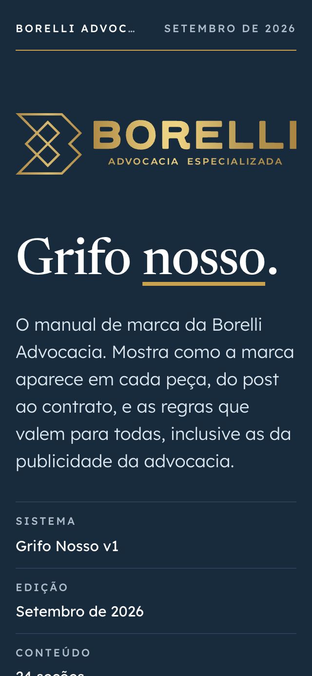 A capa deste manual num celular de 320 pixels: a marca em ouro, o título Grifo nosso e o texto em uma coluna