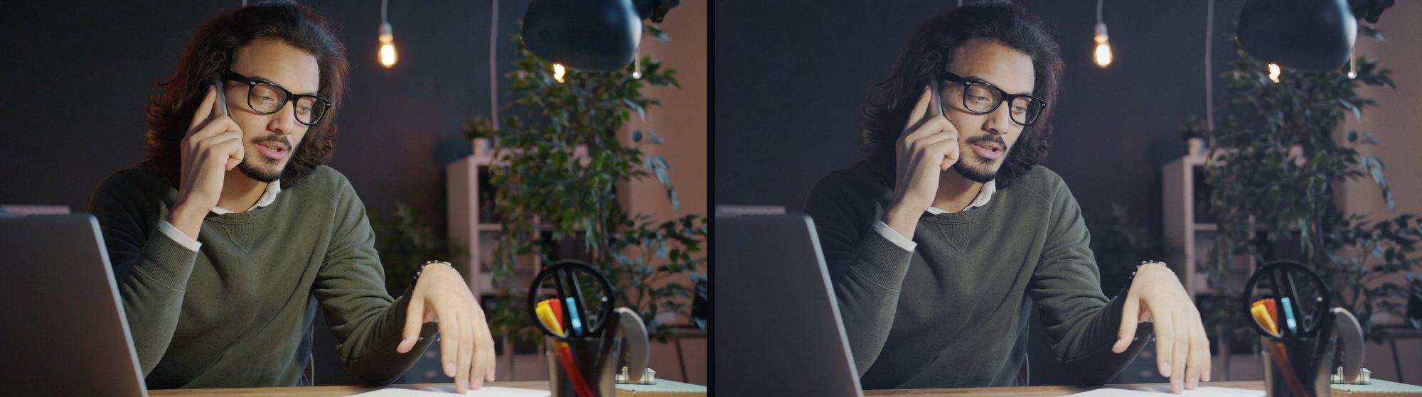 Dono ao telefone na mesa do escritório à meia-luz, com a grade Noite aplicada