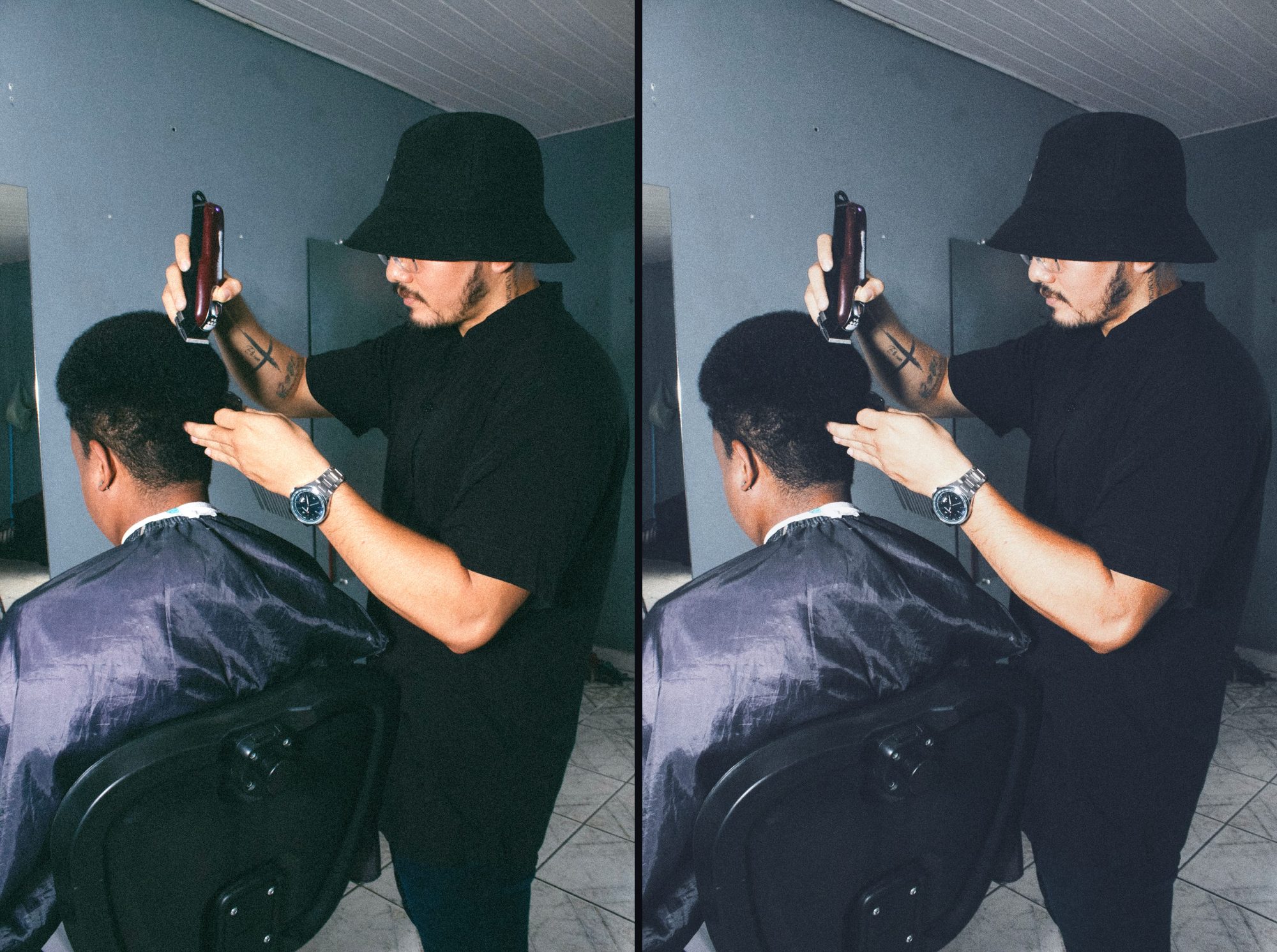 Barbeiro de bairro cortando o cabelo de um cliente adulto, foto original sem tratamento