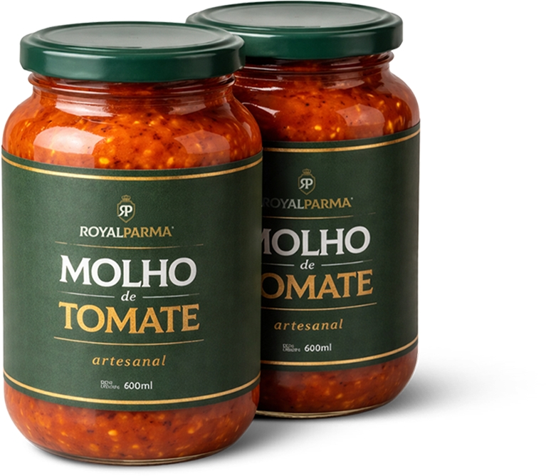 Dois potes de Molho de Tomate artesanal Royal Parma, de 600 ml, com rótulo verde e tampa verde