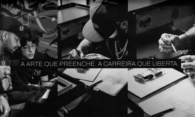 Lateral da banca com colagem de fotos de aula e texto da campanha
