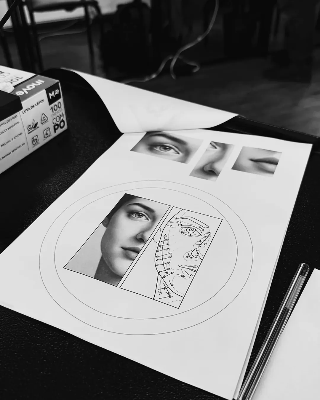 Projeto de retrato desenhado no papel, com esboço, lápis e lâmina de pele sintética na mesa